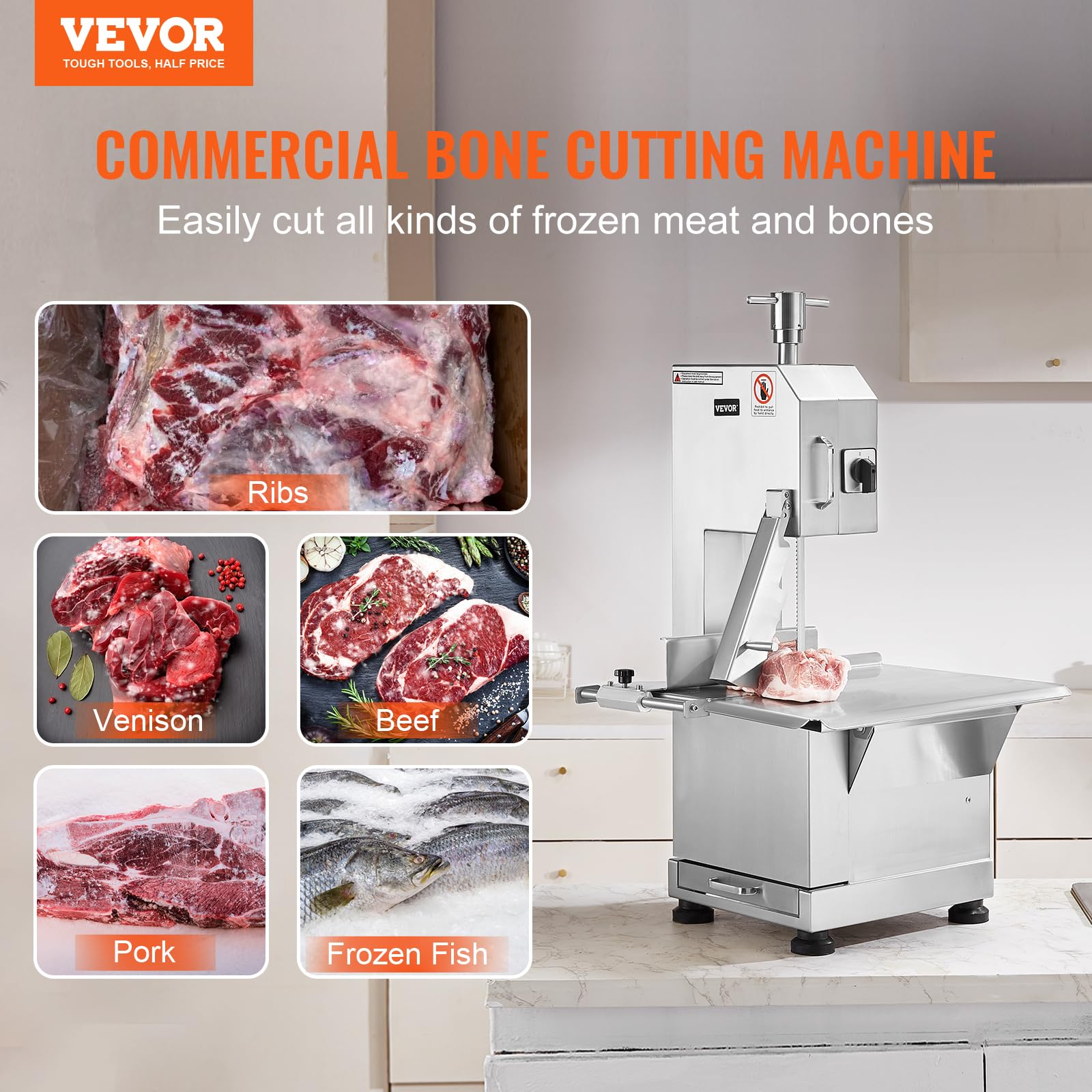 VEVOR Commercial Electric Meat Bandsaw, 2200W Stainless Steel Countertop Bone Sawing Machine, Workbeach 18.5" x 20.9", 0-7.1 Inch Cutting Thickness, - WoodArtSupply