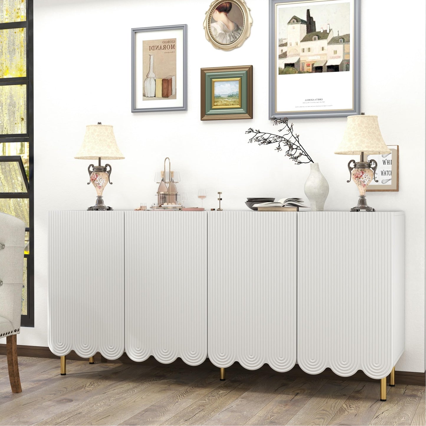 howcool 63'' Sideboard Buffet Cabinet, White Fluted Credenza Storage Cabinet with 4 Doors, Cream Style Coffee Bar Cabinet for Living Room, Hallway