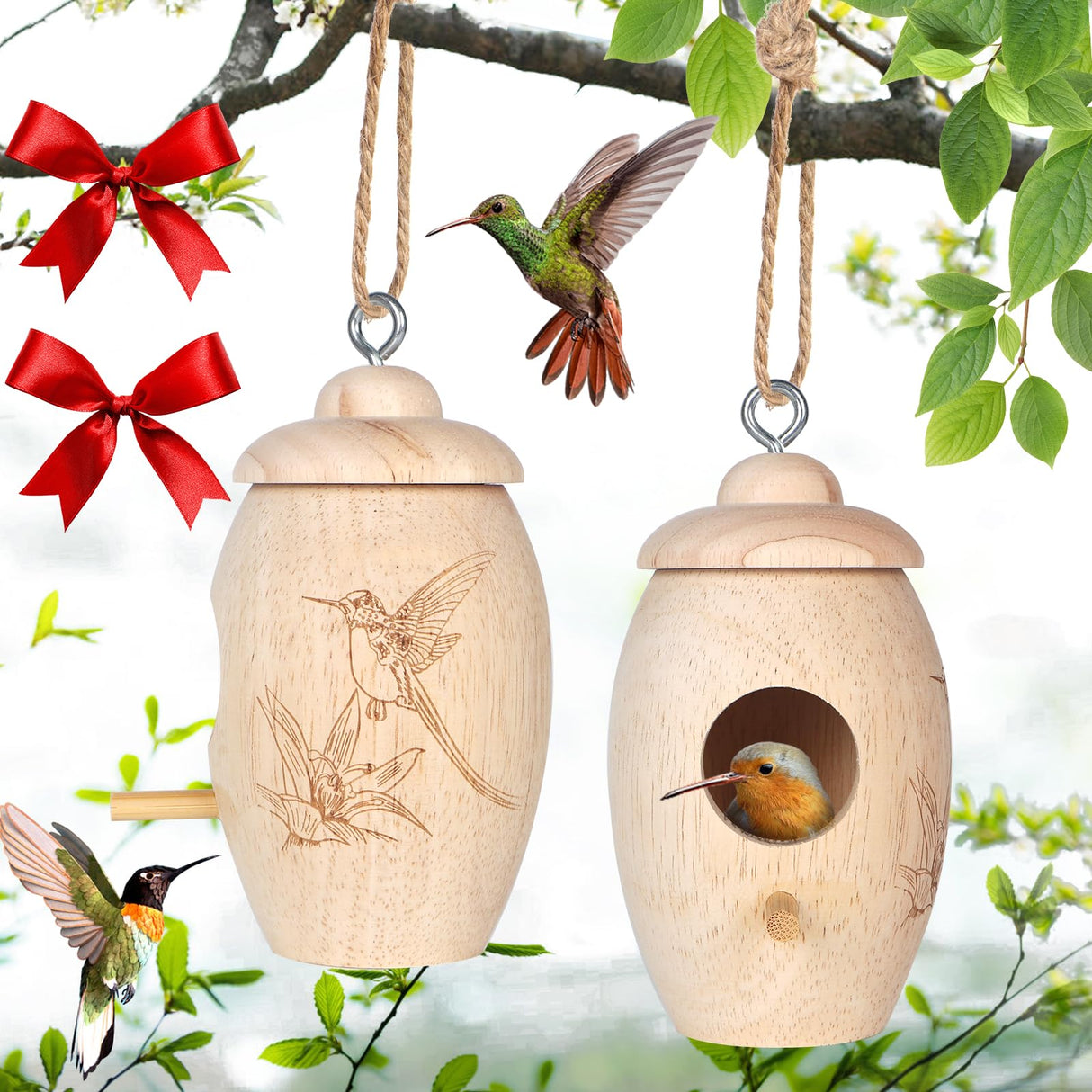 Hummingbird House, 2 PCS Wooden Hummingbird Houses for Outside for Nesting, Screwable Cover Hummingbird Houses with Red Ribbons, Gardening Gifts Home LOTKEY