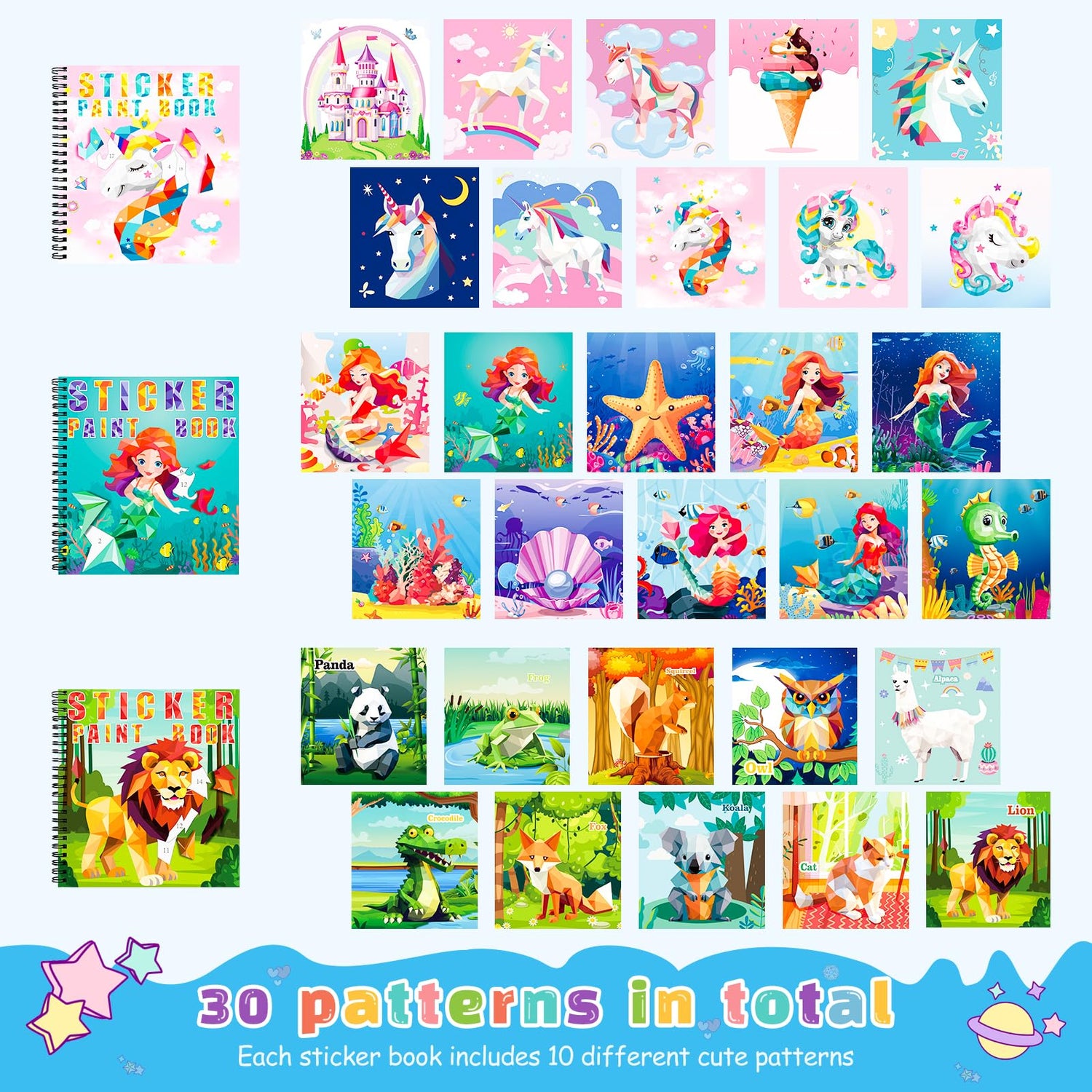 homicozy 3PCS Sticker Paint Books for Kids Ages 4-10,Unicorn Mermaid Animals Designs Paint by Stickers,Sticker by Numbers,Party Birthday Gifts for homicozy