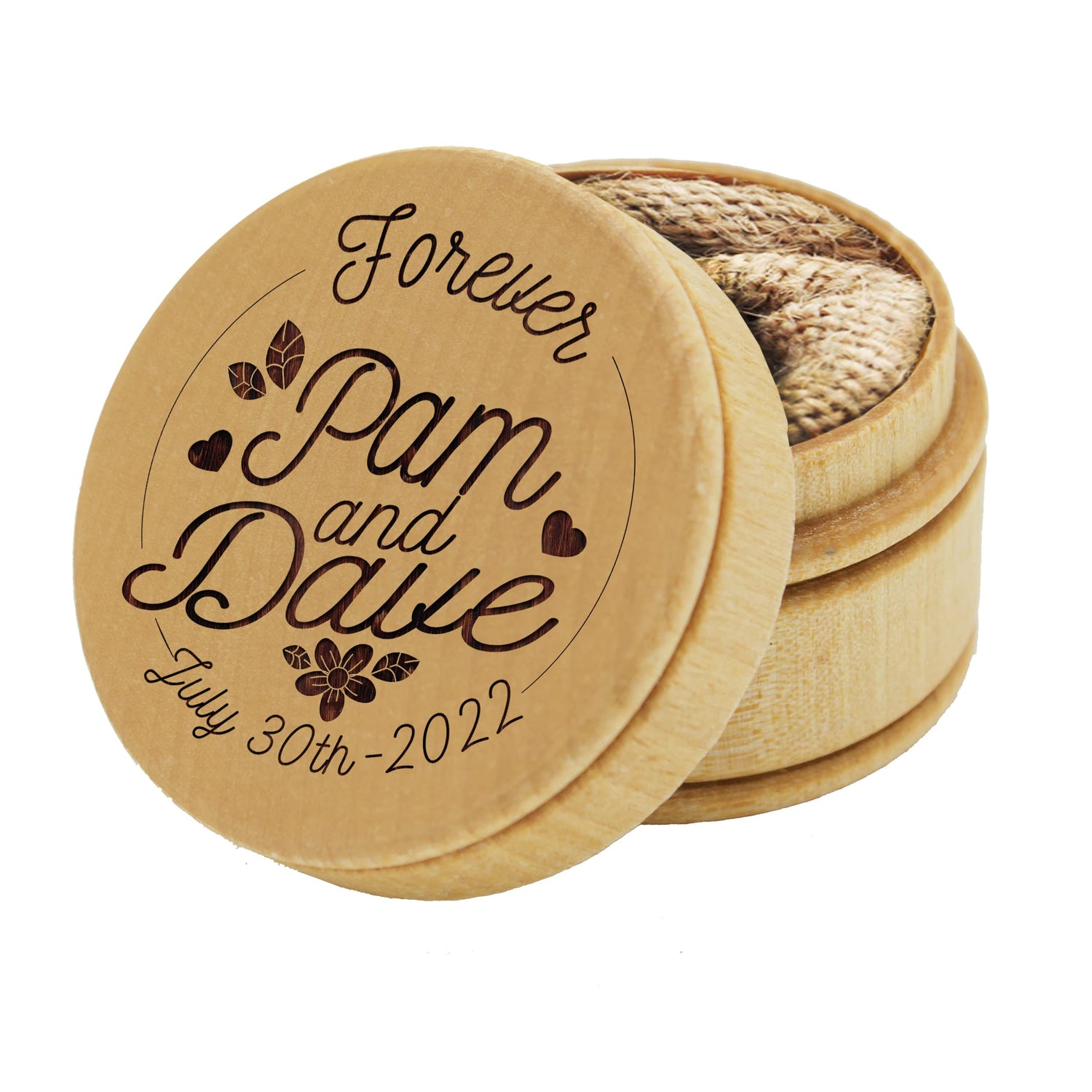 The Wedding Party Store, Custom Engraved Ring Box Holder - Personalized Rustic Round Wood Ring Bearer Wedding Box The Wedding Party Store