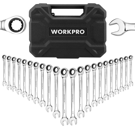 WORKPRO 22-Piece Ratcheting Combination Wrench Set, 72 Teeth, Combo Ratchet Wrenches Set with Organizer Box, Metric 6-18mm & SAE 1/4-3/4" WORKPRO