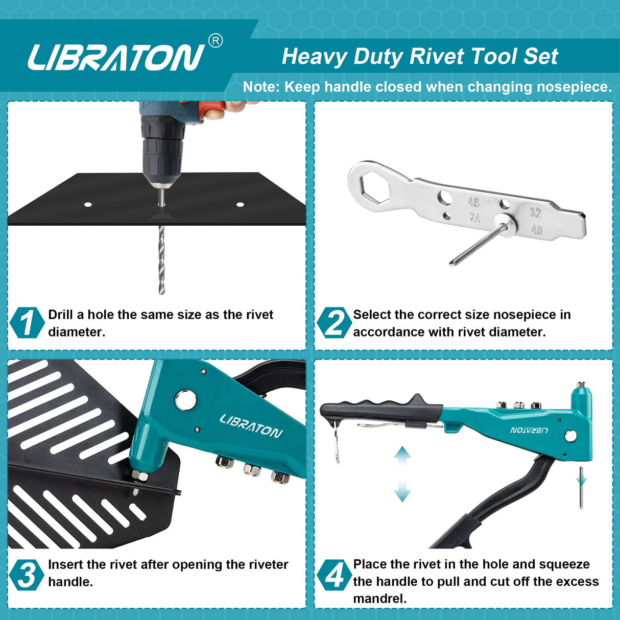 Libraton Heavy Duty Rivet Gun, Pop Rivet Gun Set, Professional Hand Riveter, Manual Riveting Tool with 110Pcs Rivets and 4 Interchangeable Heads, for LIBRATON