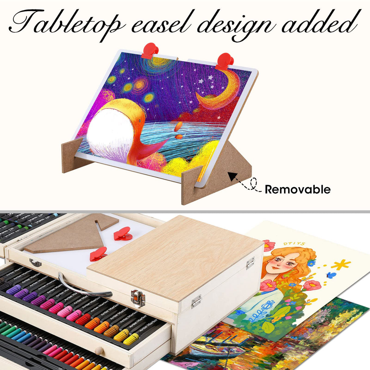 Art Supplies, Wooden Art Set Crafts Kit with Drawing Easel, Deluxe Kids Art Set, Oil Pastels, Colored Pencils, Watercolor Cakes, Creative Gift for VigorFun