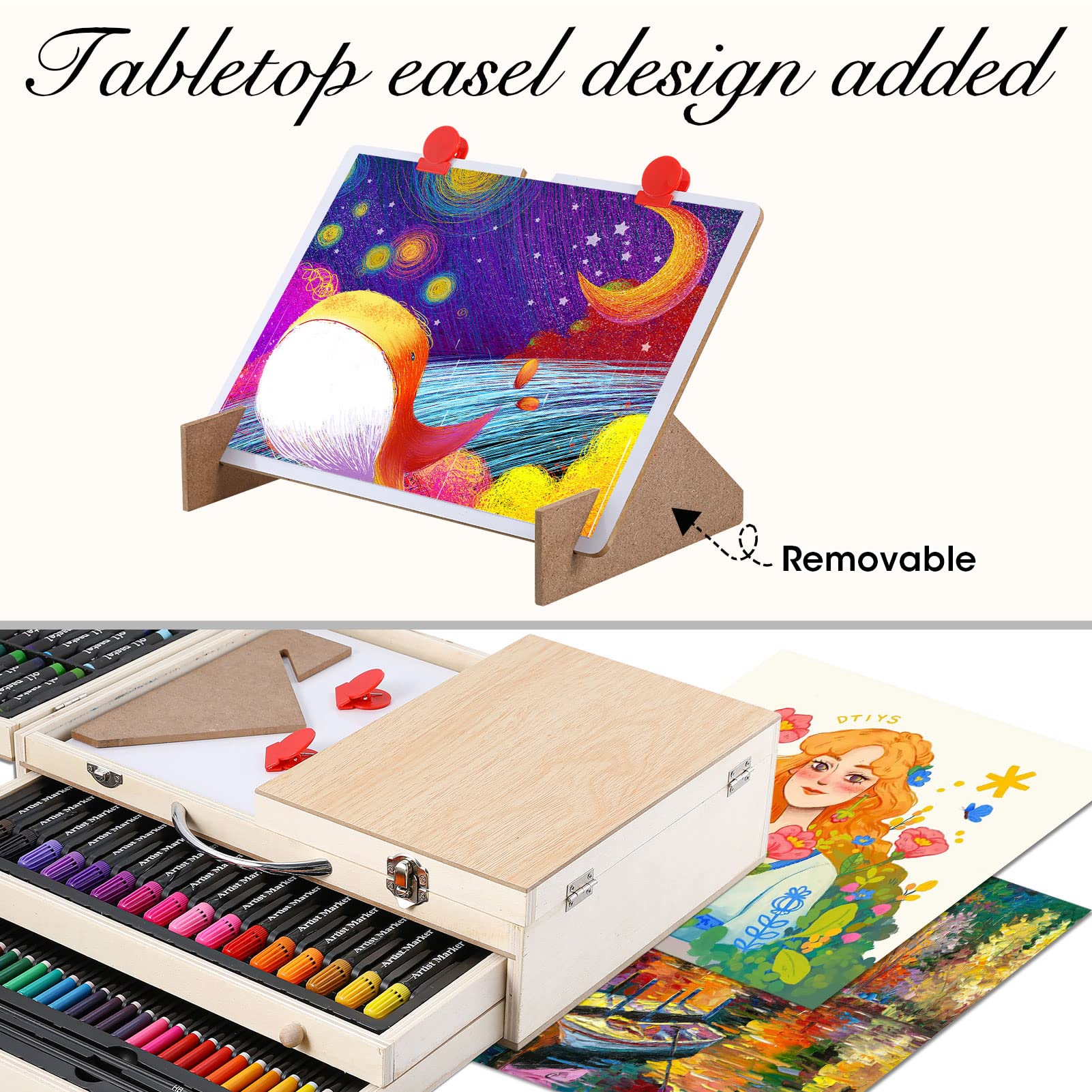 Art Supplies, Wooden Art Set Crafts Kit with Drawing Easel, Deluxe Kids Art Set, Oil Pastels, Colored Pencils, Watercolor Cakes, Creative Gift for - WoodArtSupply