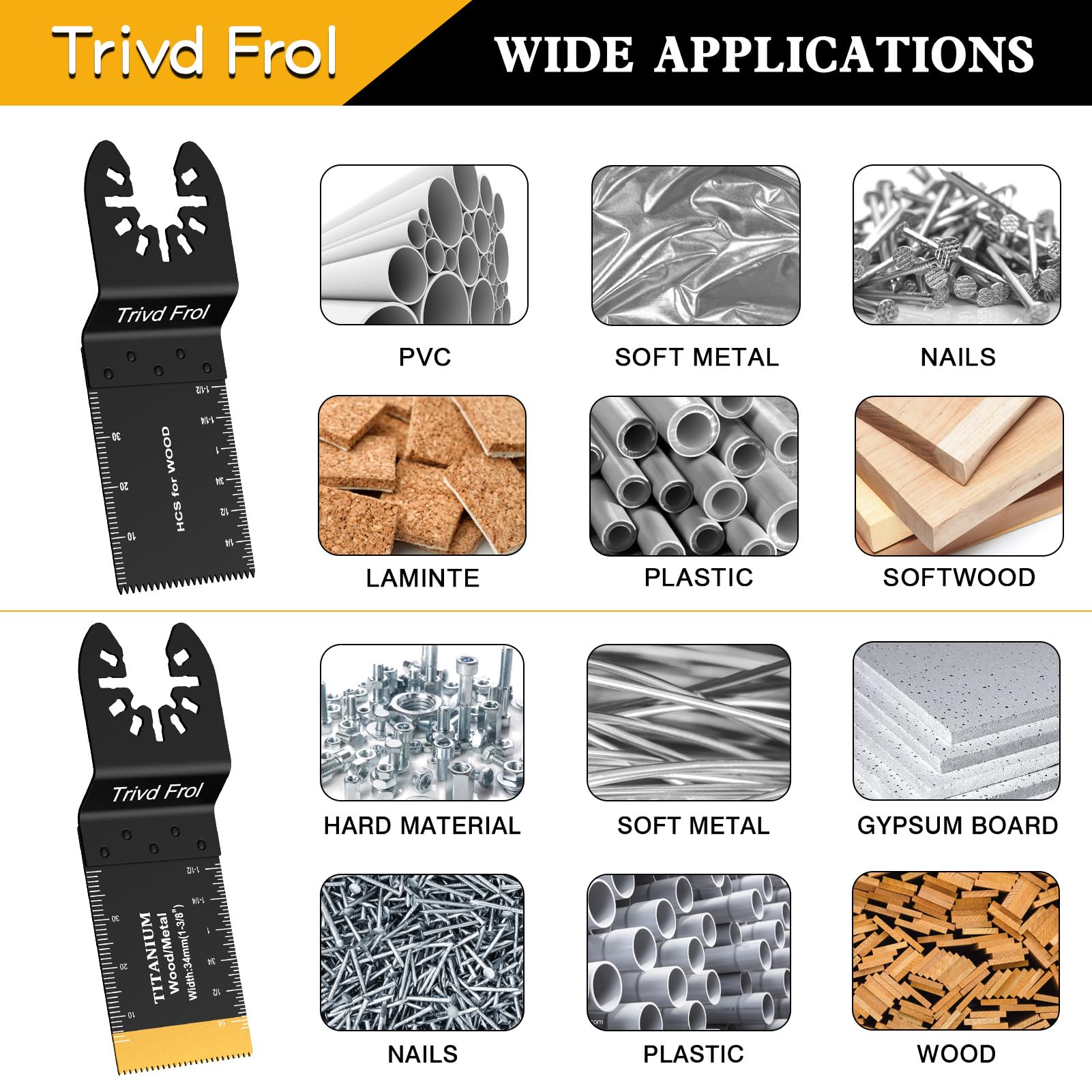 Trivd Frol 50PCS Oscillating Saw Blades, Professional Universal Titanium Multitool Blades for Wood Plastics Metal, Quick Release Multi Tool Blades - WoodArtSupply