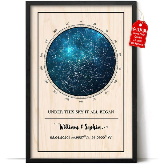 GIFTSV Personalized Valentines Day Decor Anniversary Engagement Gift Wedding Gifts For Him Her Star Map Night Sky Custom Poster Framed Canvas Wall - WoodArtSupply