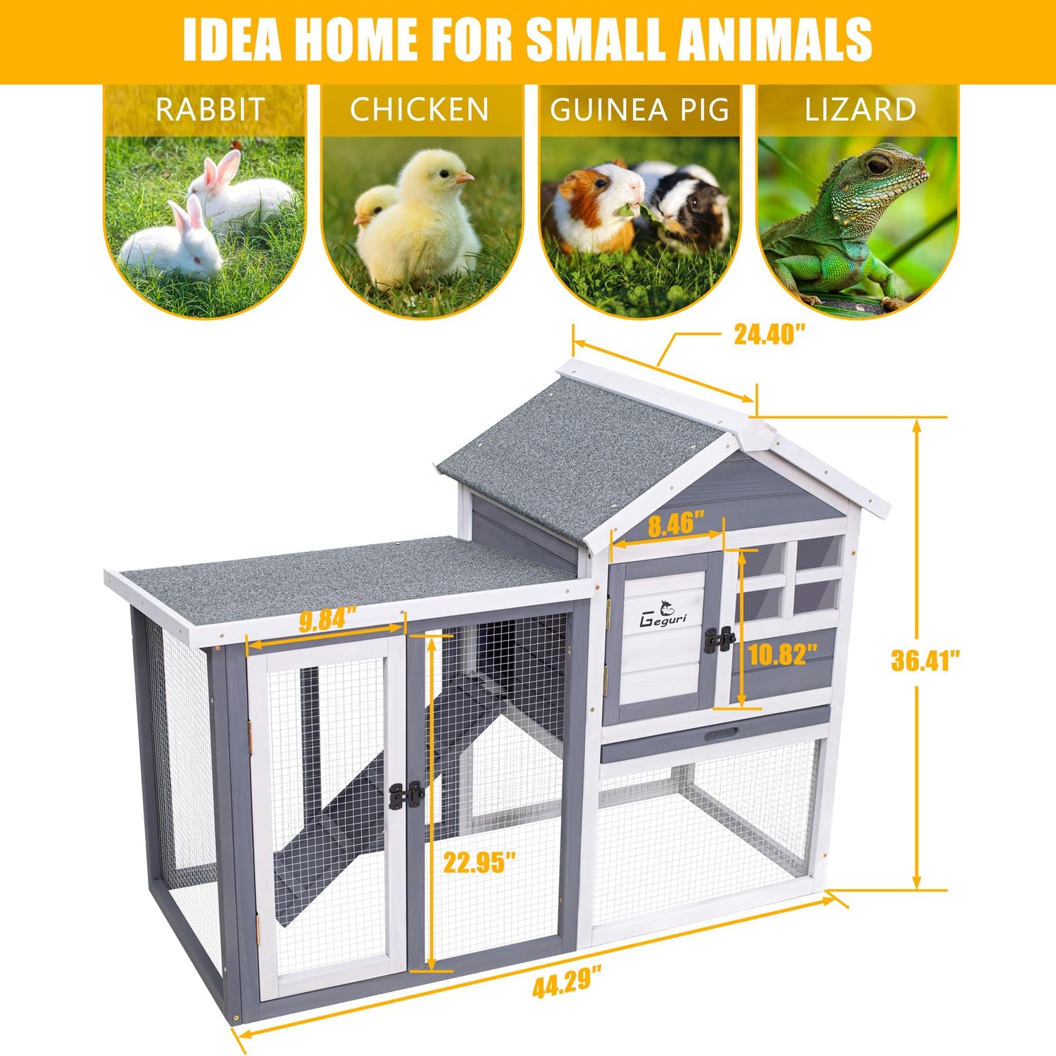 GEGURI Rabbit Hutch Indoor Rabbit Cage Outdoor, Chicken Coop Bunny Cage with Waterproof Roof, Pull Out Tray, Predator-Resistant Fencing GEGURI
