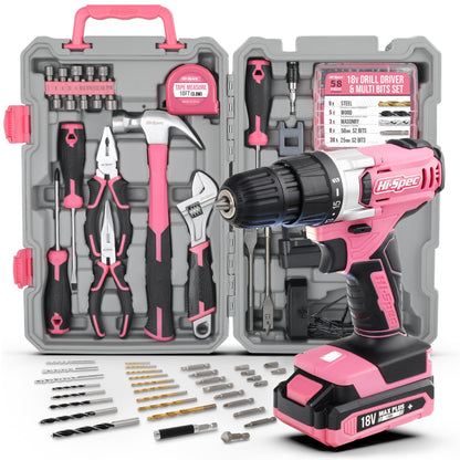 Hi-Spec 81pc Pink 18V Cordless Power Drill Driver. Complete Home & Garage Hand Tool Kit Set for DIY - WoodArtSupply