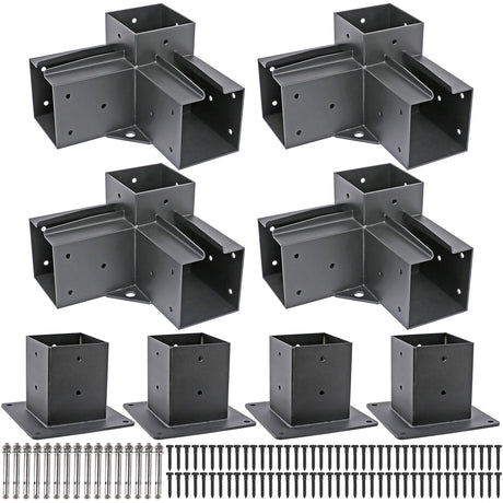 Deck Man 4x4(Actual Size: 3.5x3.5inch) Stainless Steel 3-Way Right Corner pergola Bracket with 4 Flange Anchors，Pergola/Gazebo kit (4 Pack) Deck Man