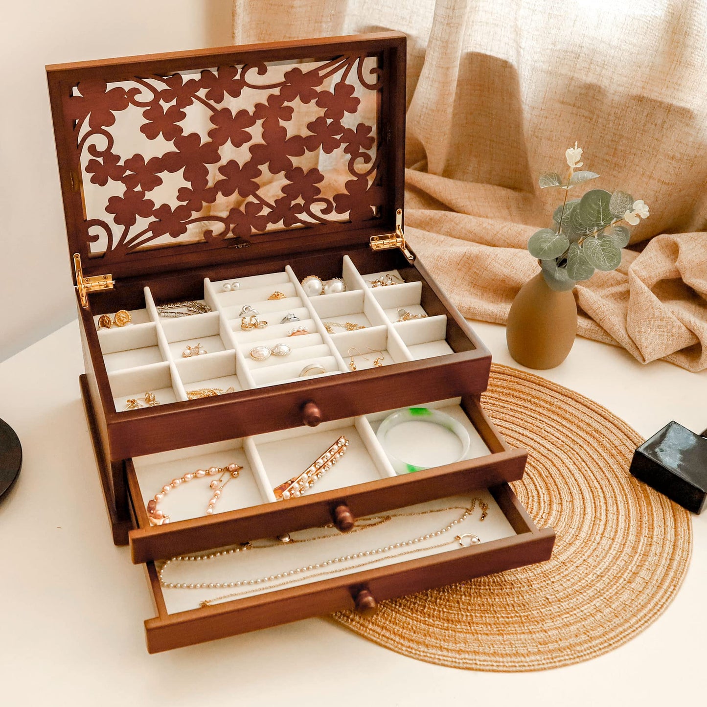 Kendal Wooden Jewelry Box, 3 Layer Jewelry Box for Women, Jewelry Holder Organizer, Wood Jewelry Storage Case for Necklaces, Earring, Rings - WoodArtSupply