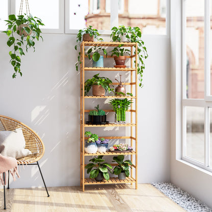 FOTOSOK 6-Tier Bamboo Shelf, Bamboo Bookcase with Adjustable Shelves, Free Standing Storage Shelf Unit, Plant Flower Stand for Kitchen, Bathroom,