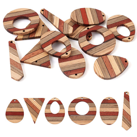 FASHEWELRY 12Pcs Striped Resin Wood Earring Charms Boho Wooden Earring Blanks Geometric Wooden Earring Pieces Vintage Bohemian Charms for DIY Jewelry FASHEWELRY