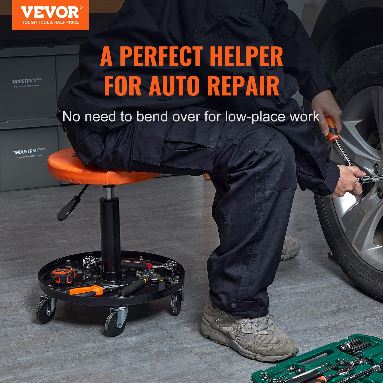 VEVOR Mechanic Stool, 250 LBS Rolling Pneumatic Creeper Garage/Shop Seat, Adjustable Height 16-22 inch in Padded Rolling Workshop Stool with Tool VEVOR