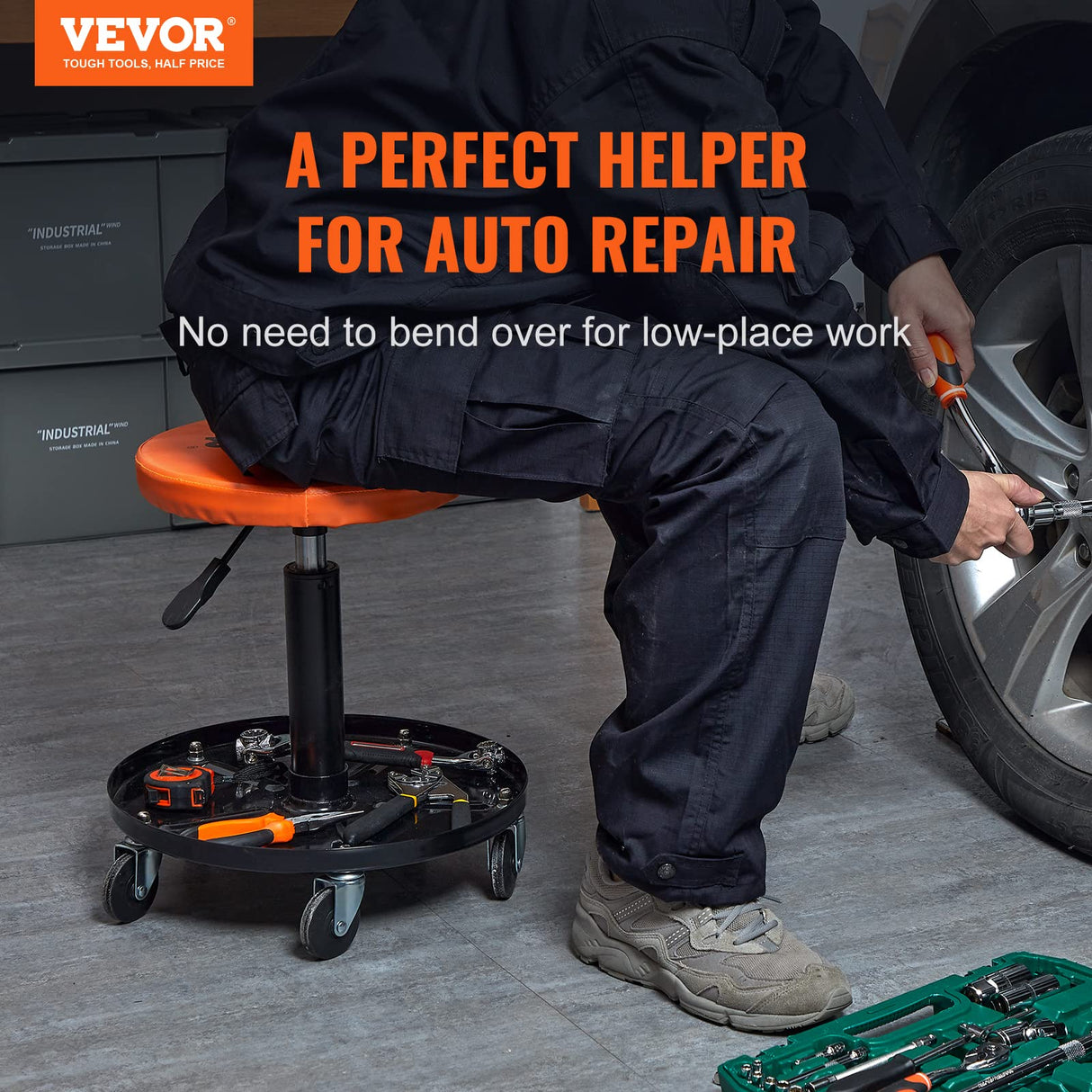 VEVOR Mechanic Stool, 250 LBS Rolling Pneumatic Creeper Garage/Shop Seat, Adjustable Height 16-22 inch in Padded Rolling Workshop Stool with Tool VEVOR