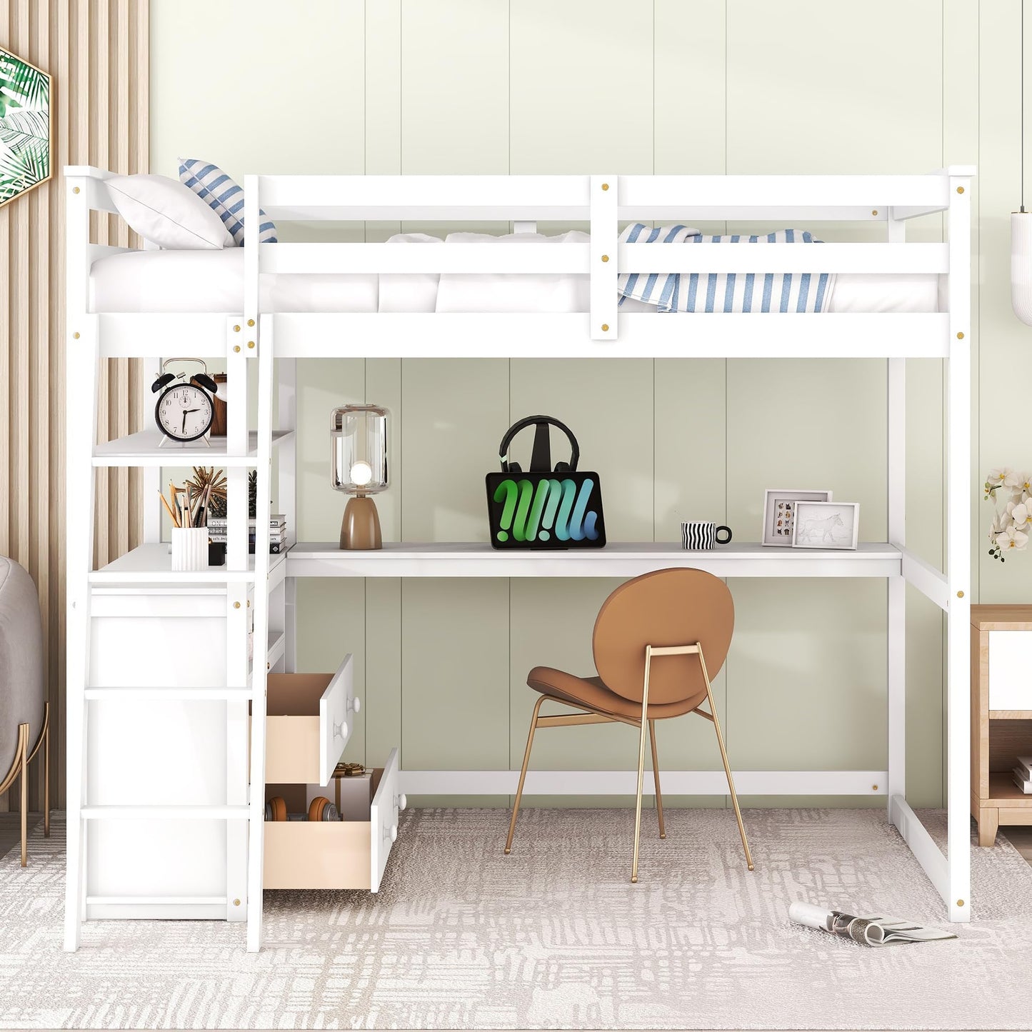 Harper & Bright Designs White Full Size Loft Bed with Desk, Shelves and Storage Drawers - WoodArtSupply