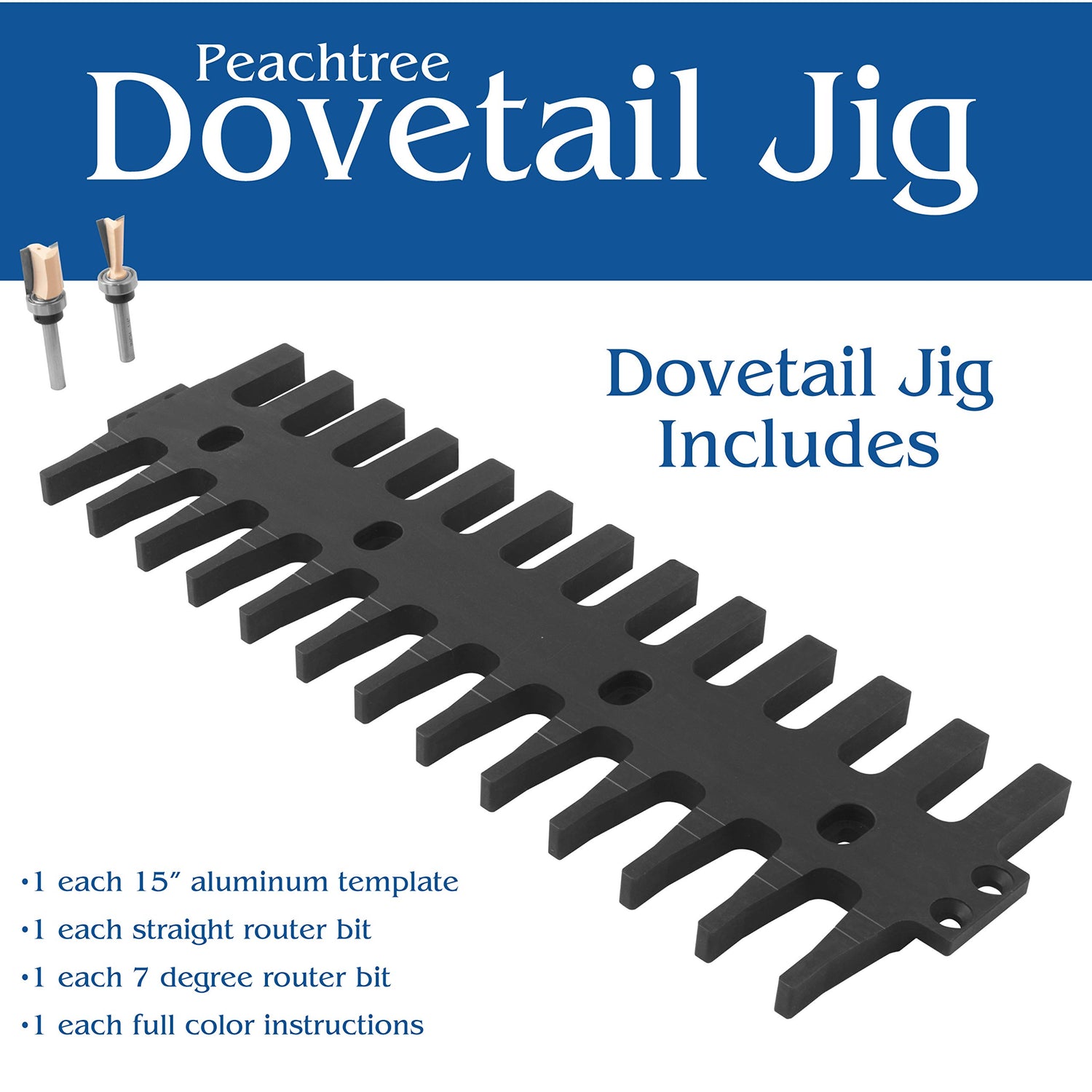 Peachtree Dovetail Jig System with One Flush Trim Router Bit One Dovetail Router Bit and Aluminum Jig Template with Full Color Instructions Peachtree Woodworking Supply