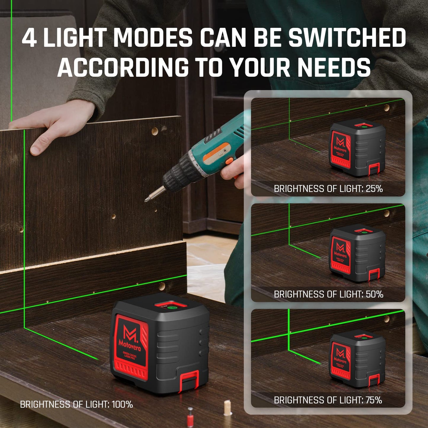 Motovera Laser Level, 100 feet Self Leveling Laser Level, Green Cross Line Self leveling, 4 Brightness Adjustment, Manual Self leveling and Pulse