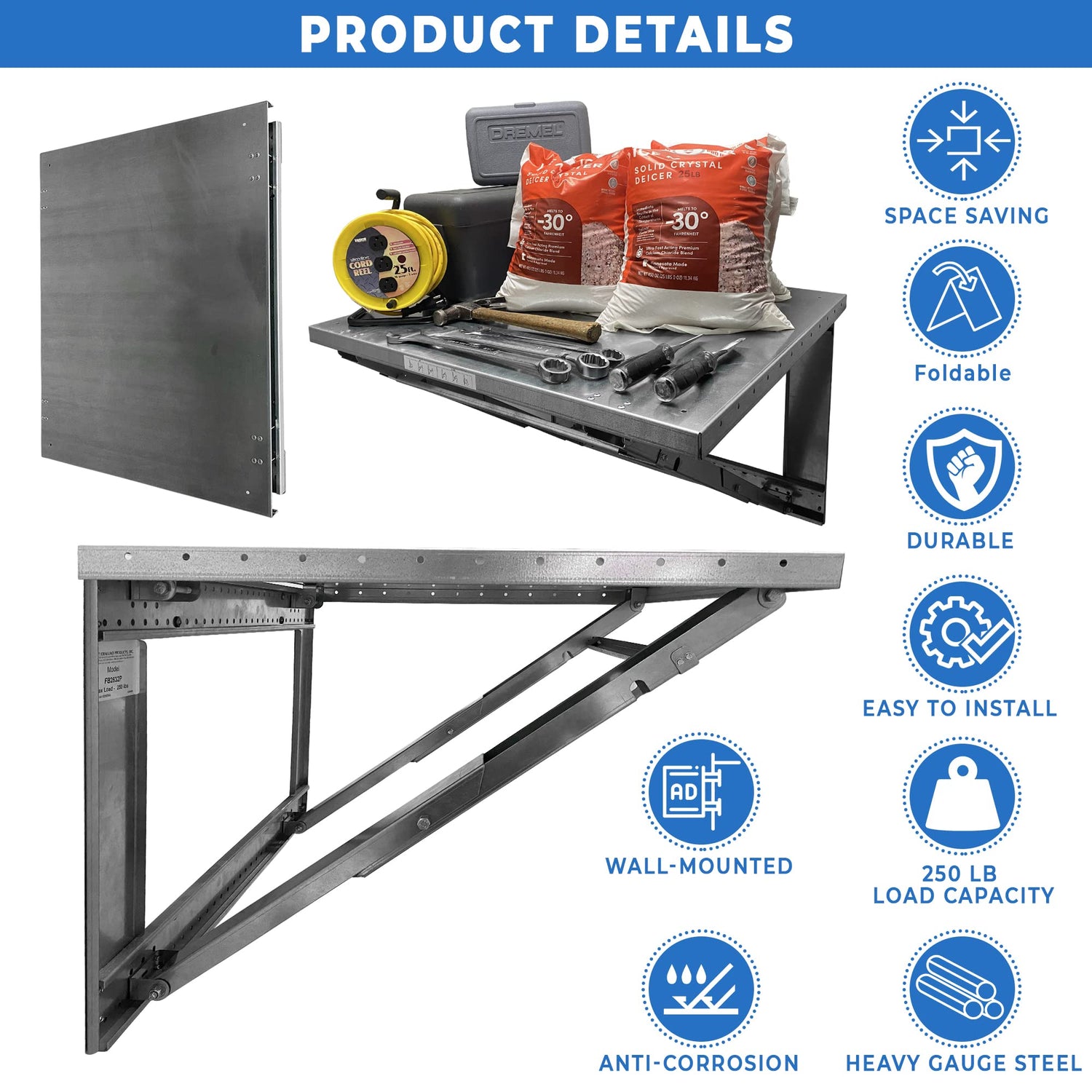 Professional Grade Products 26” x 32” Heavy Gauge Steel Wall Mounted Folding Workbench “Lock N Load” for Saving Space in The Garage, Utility Room, Professional Grade Products
