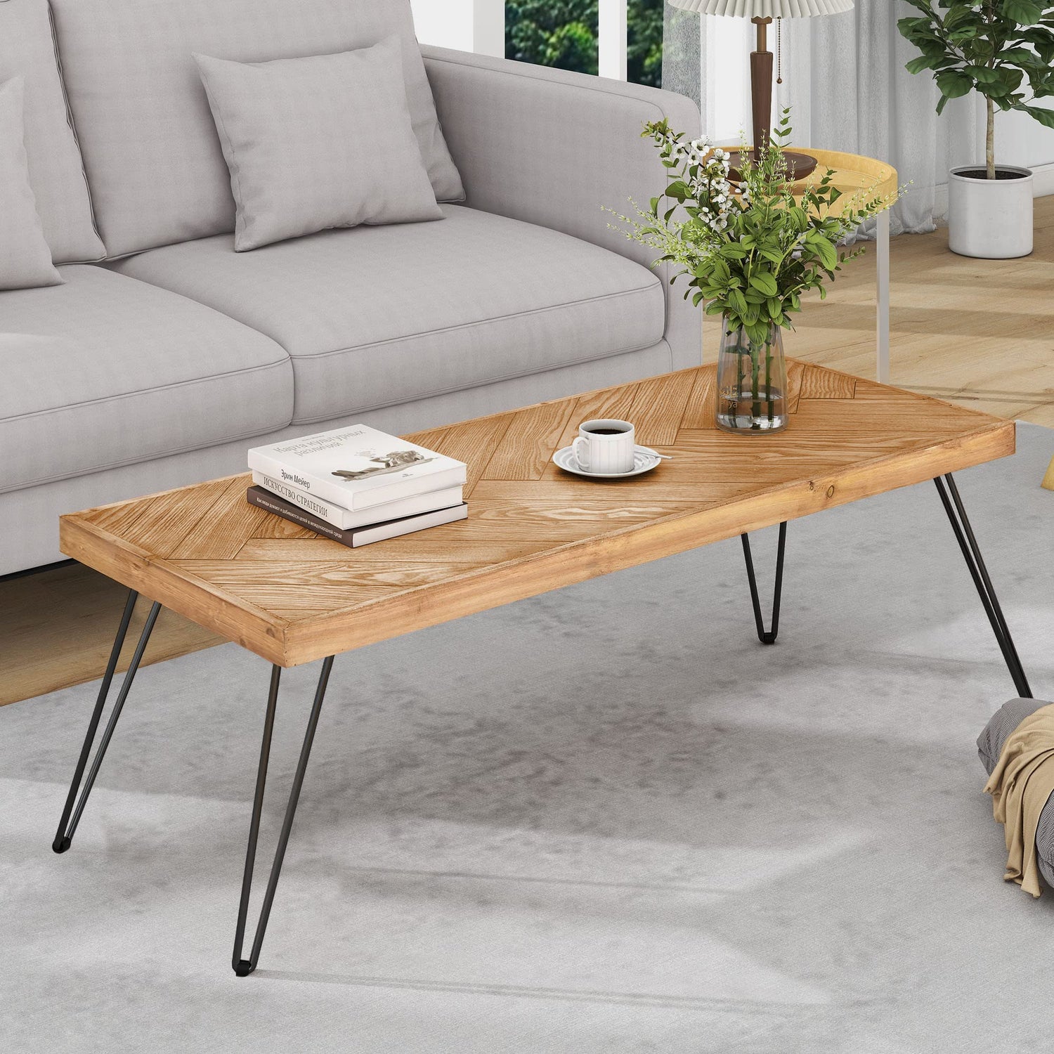 Modern Wood Coffee Table, Nature Cocktail Table for Living Room Chevron Pattern & Metal Hairpin Legs, Nature Rustic Rectangular Table P PURLOVE