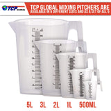 TCP Global 5 Piece Set of Plastic Graduated Measuring and Mixing Pitchers - 500, 1000 Quart, 2000, 3000, 5000 ml Gallon Sizes - Pouring Cups, Measure TCP Global