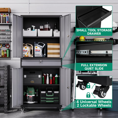Letaya Metal Garage Storage Cabinet with Wheels,72” Rolling Tool Cabinet with 4 Door Lock-Adjustable Shelves and Drawer for Garage Home Office Letaya
