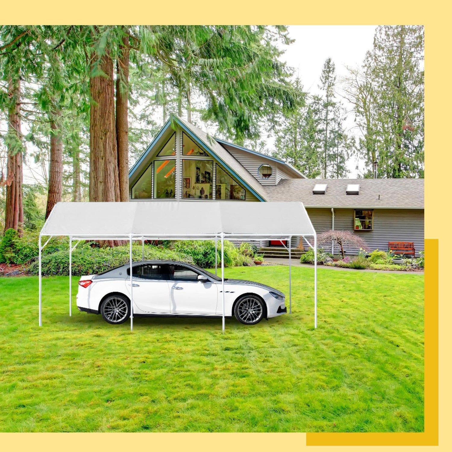 Wesnoy Heavy Duty Carport Canopy Waterproof Canopy Cover Garage Car Shelter Tarp Tent for Car Canopy Replacement Cover with 50 Ball Bungees, Only Top Wesnoy