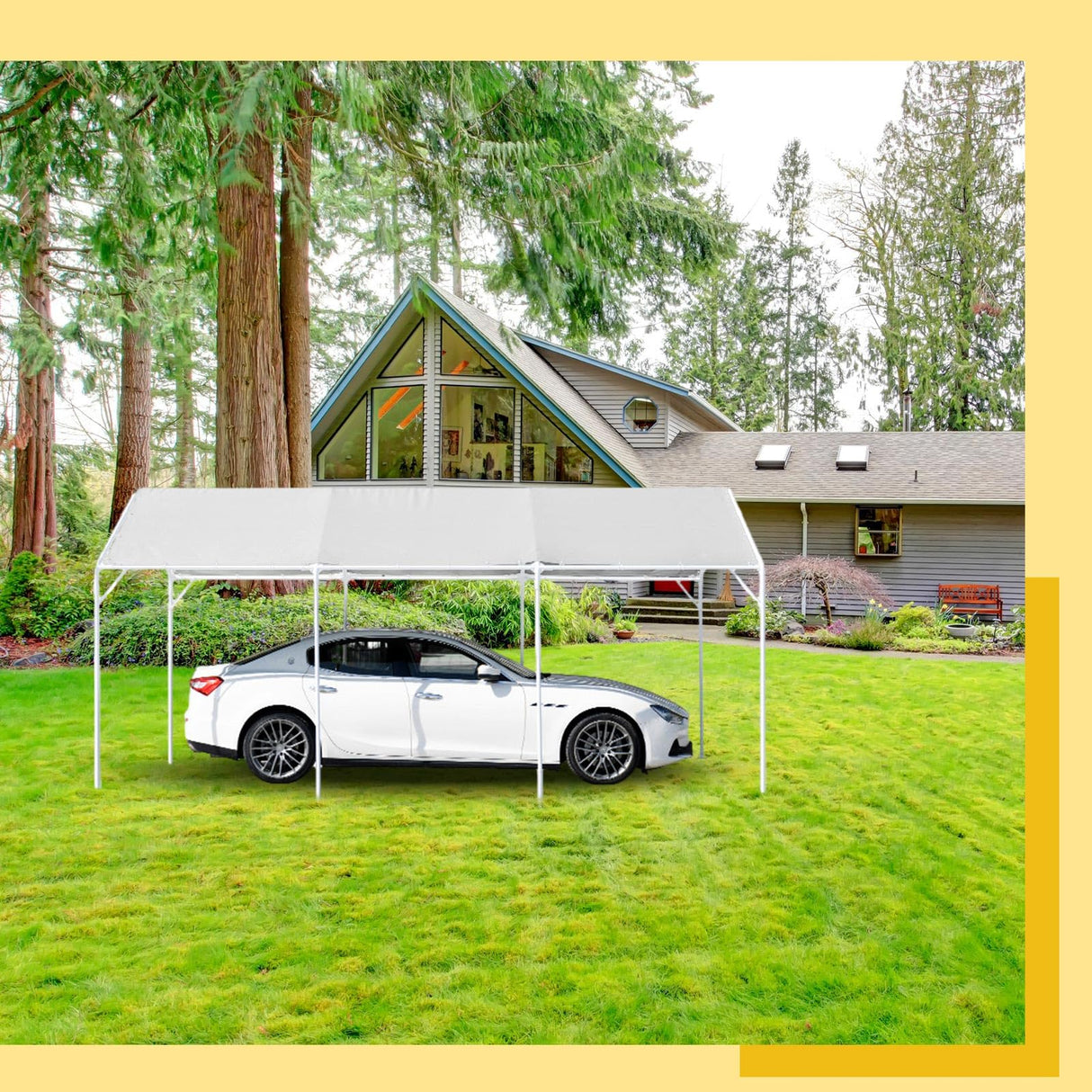 Wesnoy Heavy Duty Carport Canopy Waterproof Canopy Cover Garage Car Shelter Tarp Tent for Car Canopy Replacement Cover with 50 Ball Bungees, Only Top Wesnoy