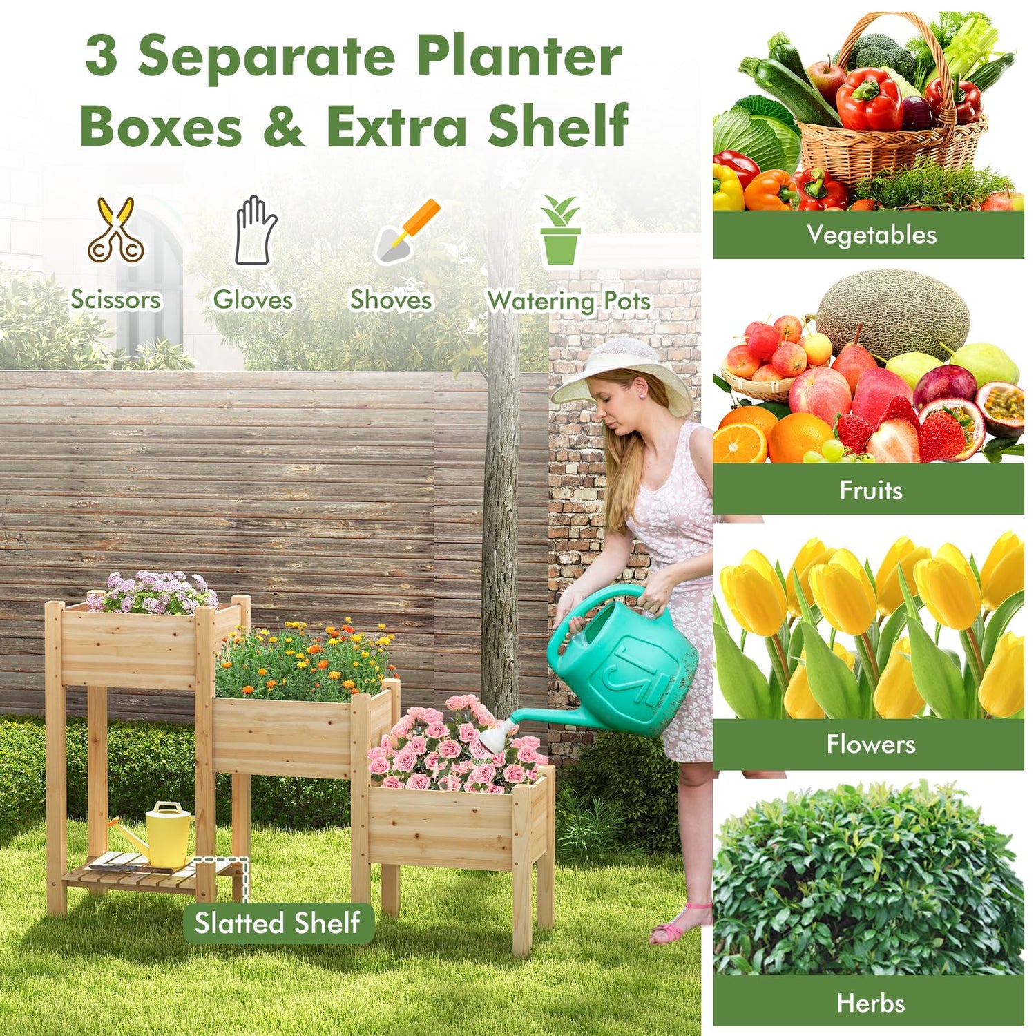 S AFSTAR 3-Tier Wooden Raised Garden Bed, Elevated Garden Planter with 3 Planter Boxes, Open Storage Shelf, Drainage Holes, Outdoor Vertical Plant S AFSTAR