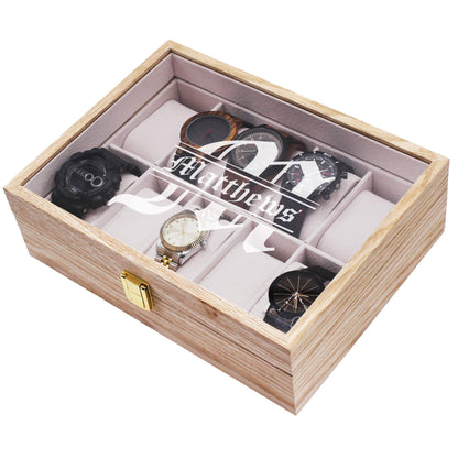 Custom Personalized Watch Storage Box Case - Name Initial - Groomsmen Fathers Day Gift - Engraved (Distressed Wood) - WoodArtSupply