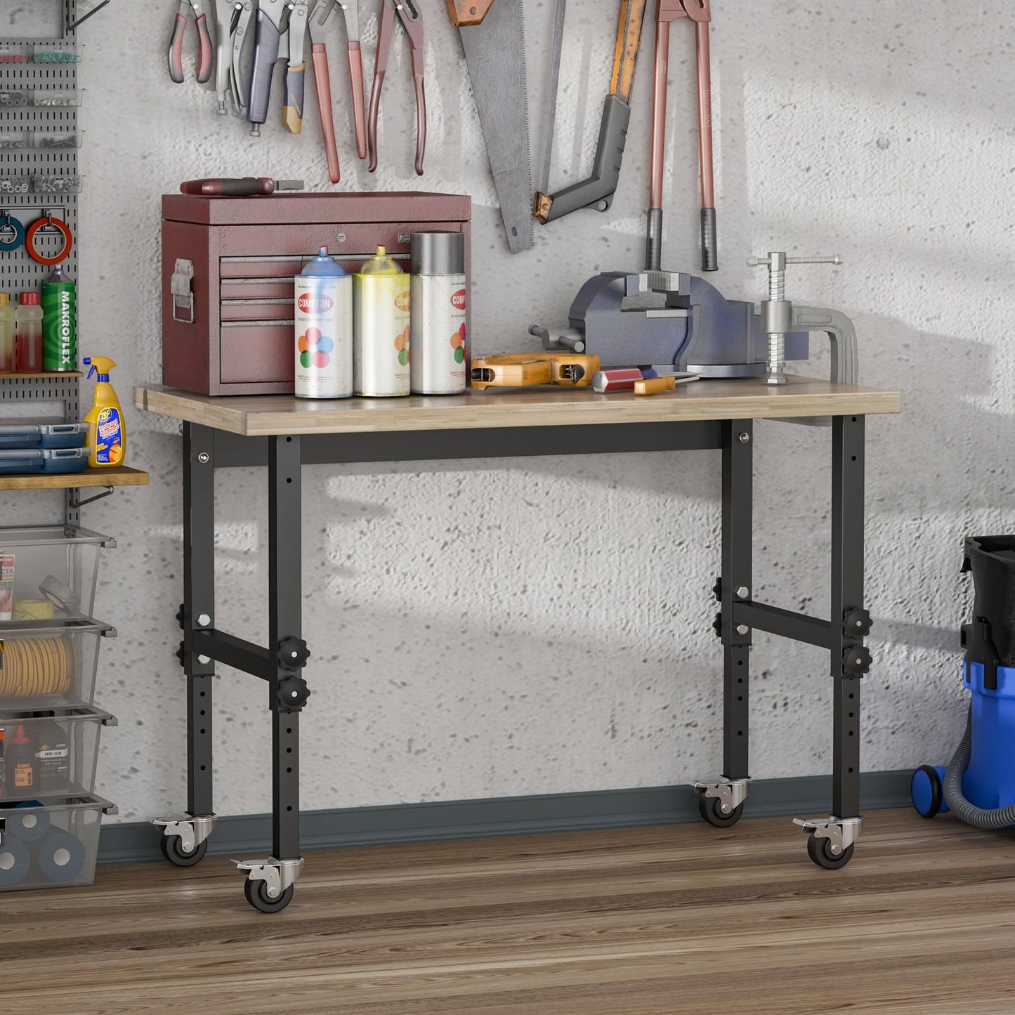 HOMCOM 47" Work Bench with Height Adjustable Legs, Bamboo Tabletop Workstation Tool Table on Wheels for Garage, Weight Capacity 1320 Lbs, - WoodArtSupply