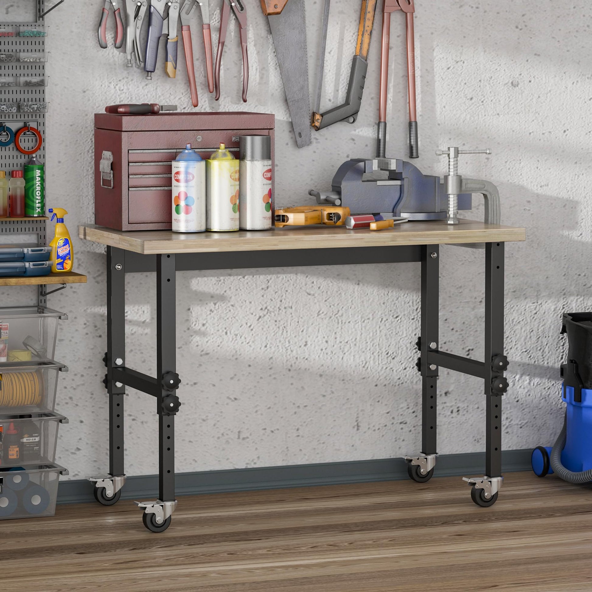 HOMCOM 47" Work Bench with Height Adjustable Legs, Bamboo Tabletop Workstation Tool Table on Wheels for Garage, Weight Capacity 1320 Lbs, - WoodArtSupply