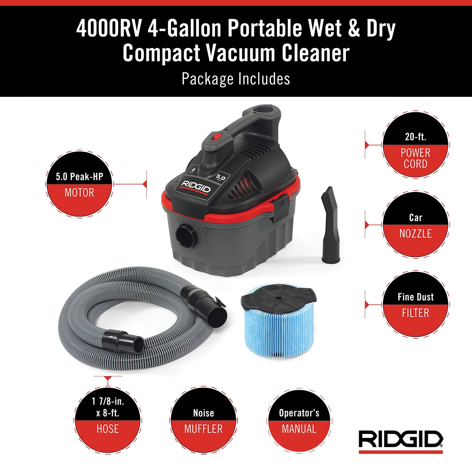RIDGID 50313 Model 4000RV 4-Gallon Portable Wet and Dry Compact Vacuum Cleaner with 5.0 Peak-HP Motor, 4 gallon, Red RIDGID