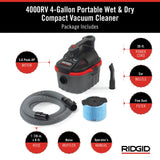 RIDGID 50313 Model 4000RV 4-Gallon Portable Wet and Dry Compact Vacuum Cleaner with 5.0 Peak-HP Motor, 4 gallon, Red RIDGID