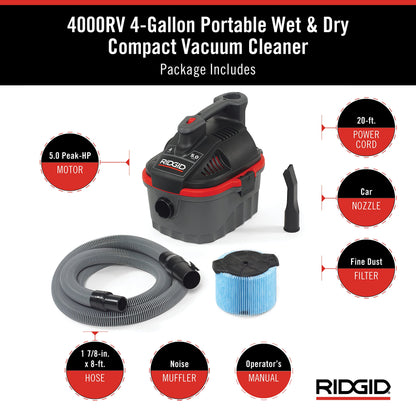 RIDGID 50313 Model 4000RV 4-Gallon Portable Wet and Dry Compact Vacuum Cleaner with 5.0 Peak-HP Motor, 4 gallon, Red - WoodArtSupply