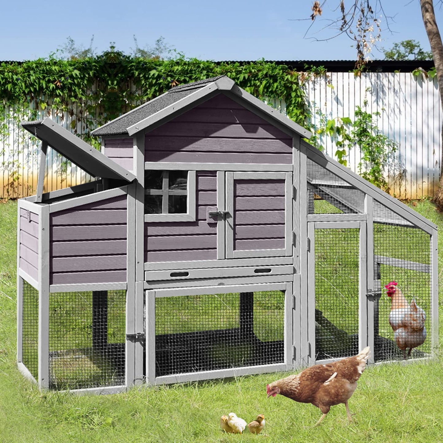 GUTINNEEN Chicken Coop with Large Nesting Box Outdoor Wooden Hen House Poultry Cage with Run (Grey-32)