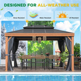 EROMMY 10'x13' Hardtop Gazebo Outdoor Aluminum Wood Grain Gazebos with Galvanized Steel Roof and Mosquito Net for Patios, Deck, Backyard, Curtains & EROMMY