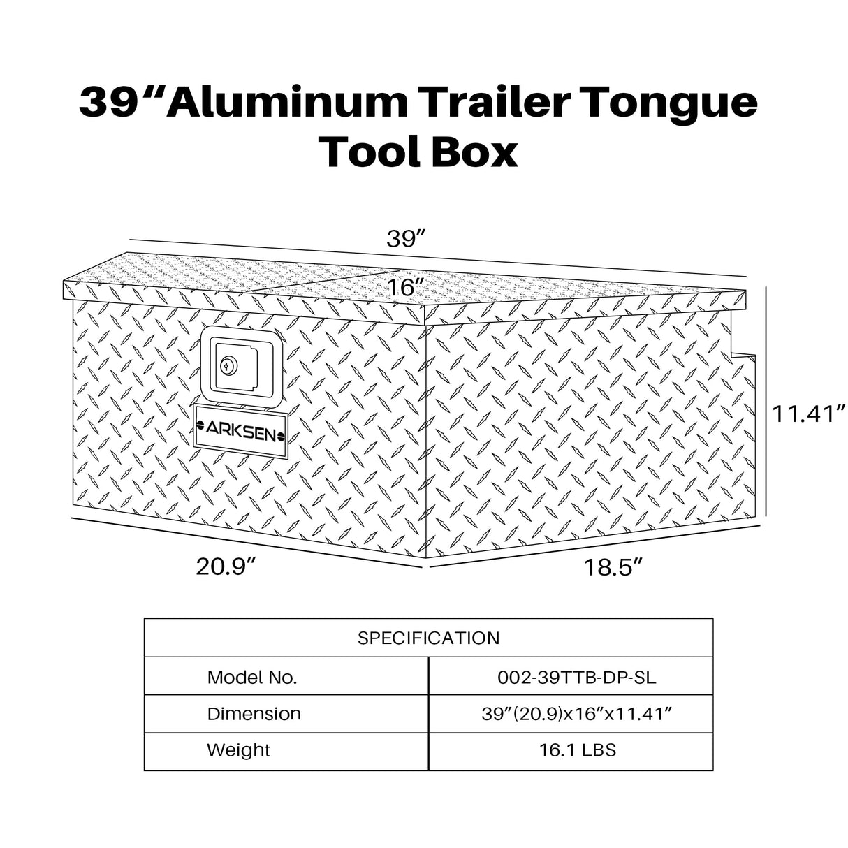 ARKSEN 39 Inch Aluminum Diamond Plate Tongue Box Tool Chest, Waterproof Under Truck Storage for Pick Up Truck Bed, RV Trailer, ATV with Lock and Keys ARKSEN