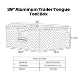 ARKSEN 39 Inch Aluminum Diamond Plate Tongue Box Tool Chest, Waterproof Under Truck Storage for Pick Up Truck Bed, RV Trailer, ATV with Lock and Keys ARKSEN