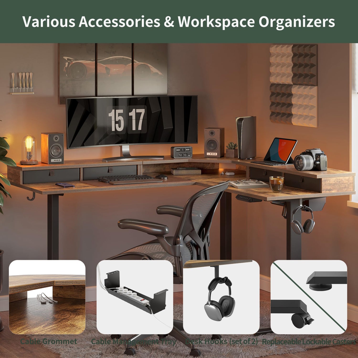 FEZIBO 63" L Shaped Standing Desk with 4 Drawers, Electric Standing Gaming Desk Adjustable Height, Corner Stand up Desk with Splice Board, Black FEZIBO