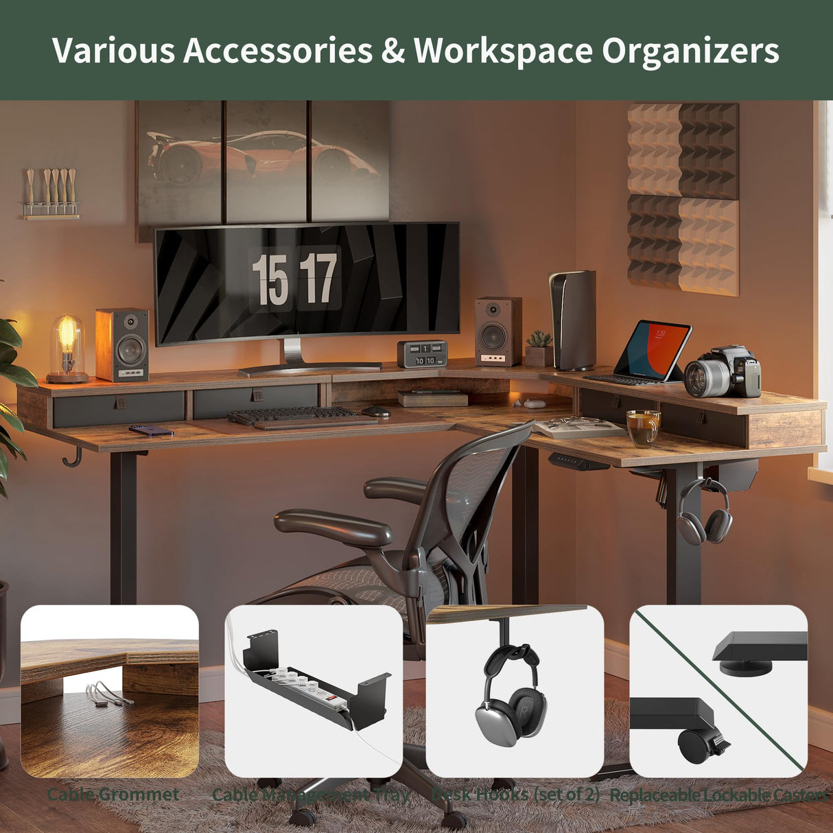 FEZIBO 63" L Shaped Standing Desk with 4 Drawers, Electric Standing Gaming Desk Adjustable Height, Corner Stand up Desk with Splice Board, Black FEZIBO