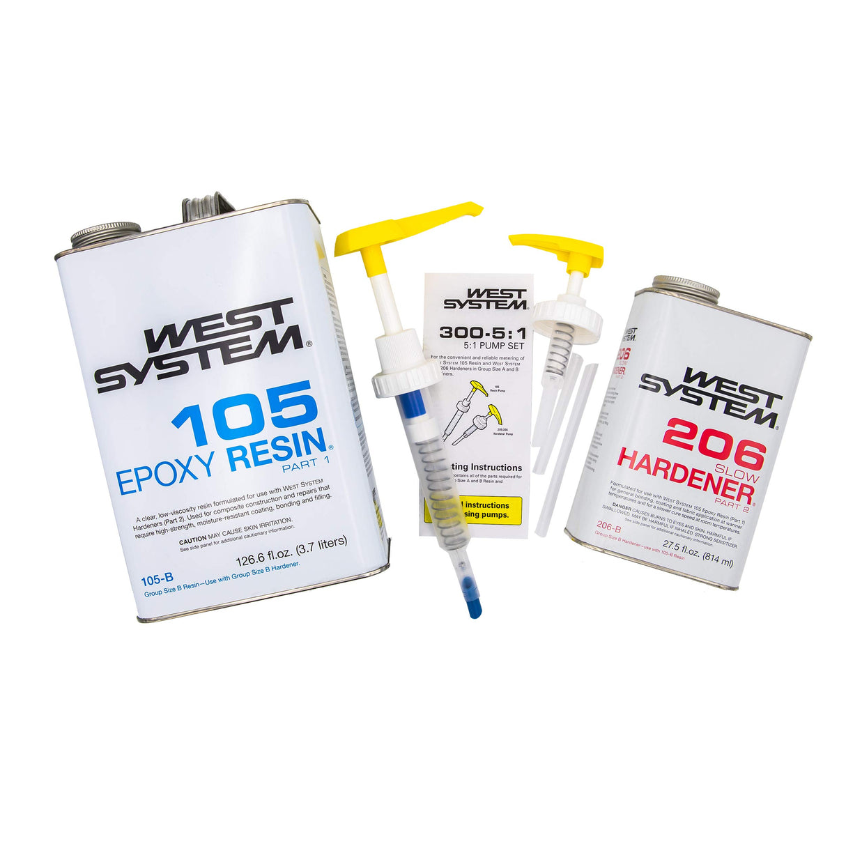 West System 105-B Epoxy Resin Bundle with 206-B Slow Epoxy Hardener and 300 Mini Pumps Epoxy Metering Pump Set, Pale Yellow West System