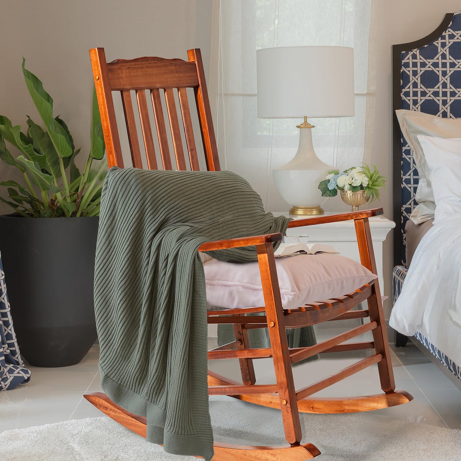 Outvita Outdoor Rocking Chair, Solid Wood High Back Rocker, All Weather Lounge Chair for Porch Patio Fire Pit Garden Backyard Deck Indoor, Wave Outvita