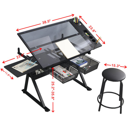 LiviNest Height Adjustable Drafting Table - Modern Tempered Glasses Artist Drawing Table Tilted Tabletop with Chair - Glass Topped Art Desk Work - WoodArtSupply