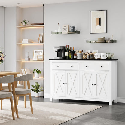 FOTOSOK Sideboard Buffet Cabinet with Storage, 55" Large Kitchen Storage Cabinet with 2 Drawers and 4 Doors, Wood Coffee Bar Cabinet Buffet Table for