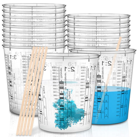 24 Pcs 64 oz 1800 ml Paint Measuring Cups Mixing Cups with Graduated and 20 Pcs Paint Mixing Sticks Plastic Disposable Resin Automotive Epoxy Mixing Roshtia