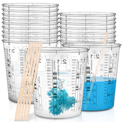 24 Pcs 64 oz 1800 ml Paint Measuring Cups Mixing Cups with Graduated and 20 Pcs Paint Mixing Sticks Plastic Disposable Resin Automotive Epoxy Mixing