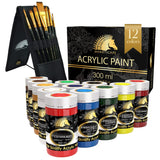 MyArtscape Acrylic Paint Set - 12 x 300ml Bottles with Pocket Paint Brush Set - 7 Artists' Paintbrushes (Set 1) MyArtscape