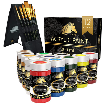 MyArtscape Acrylic Paint Set - 12 x 300ml Bottles with Pocket Paint Brush Set - 7 Artists' Paintbrushes (Set 1) - WoodArtSupply