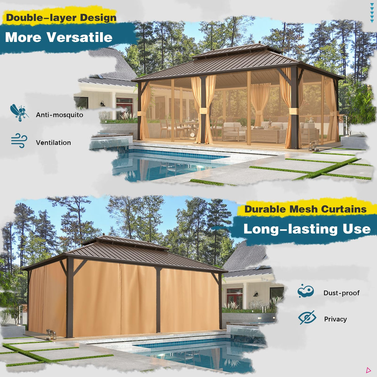 EROMMY 12'x20' Hardtop Gazebo, Galvanized Steel Metal Double Roof Aluminum Gazebo with Curtain and Netting, Brown Permanent Pavilion Gazebo with EROMMY